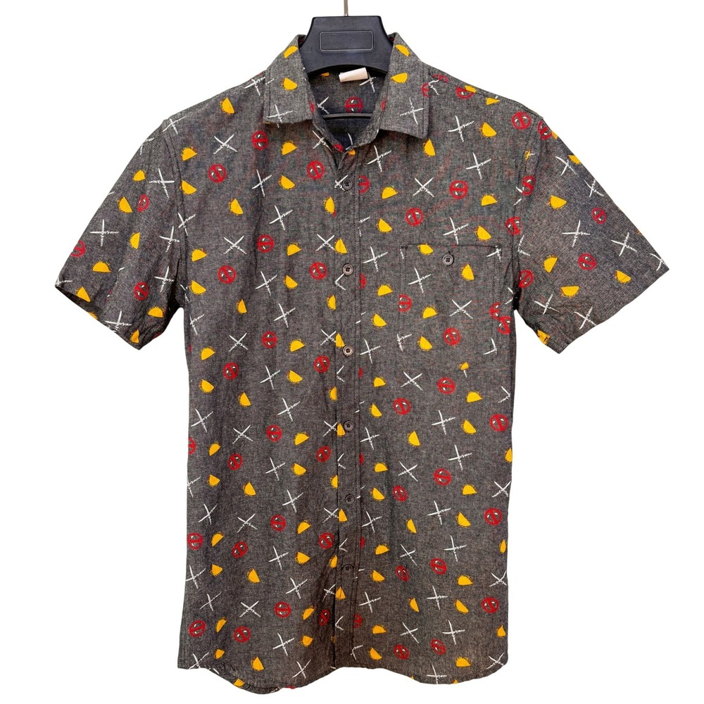 Marvel Deadpool Mens Small Gray‎ Button Down Shirt Tacos Katana Logo Mad Engine